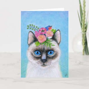 Cartes Pour Fêtes Annuelles Chat siamois mignon avec le casquette de fleur
