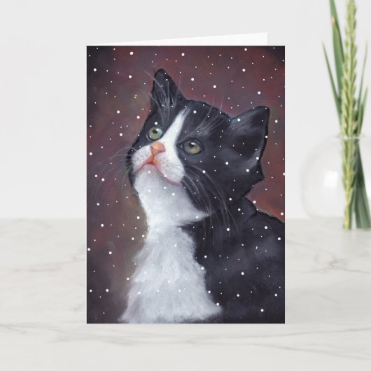 Cartes Pour Fêtes Annuelles Chat Tuxedo Regardant Les Flammes De Neige, Art (Devant)