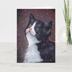 Cartes Pour Fêtes Annuelles Chat Tuxedo Regardant Les Flammes De Neige, Art