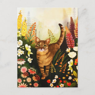 Cartes Pour Fêtes Annuelles Chat vintage Dans L'Aquarelle Du Jardin Fleurissan