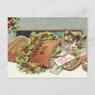 Cartes Pour Fêtes Annuelles Chat vintage et baie de houx 