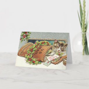 Cartes Pour Fêtes Annuelles Chat vintage et baie de houx