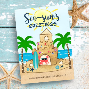 Cartes Pour Fêtes Annuelles Château de Crabe Arbre de Palmier de Plage Tropi
