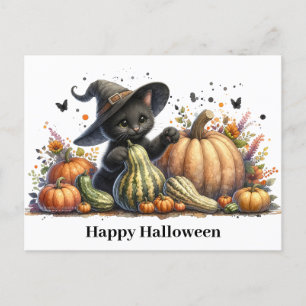 Cartes Pour Fêtes Annuelles Chaton de sorcière noire Halloween W/ Gourds Citro