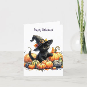 Cartes Pour Fêtes Annuelles Chaton noir d'Halloween avec citrouilles et chapea