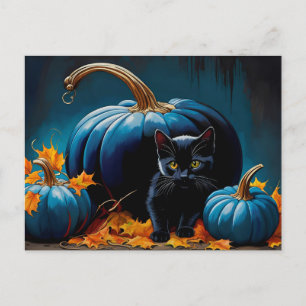 Cartes Pour Fêtes Annuelles Chaton noir et lune bleue Citrouilles Feuilles d'a