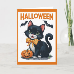 Cartes Pour Fêtes Annuelles Chaton vintage Halloween avec chauves-souris et un
