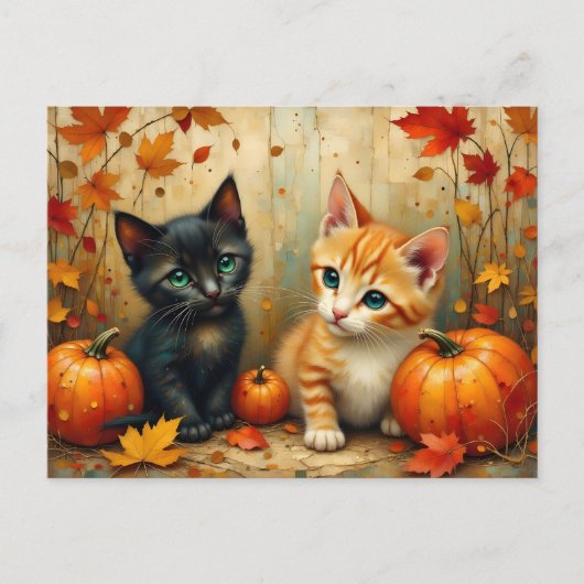 Cartes Pour Fêtes Annuelles Chatons d'automne Citrouilles et feuillage (Devant)