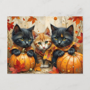 Cartes Pour Fêtes Annuelles Chatons d'automne Citrouilles et feuillage