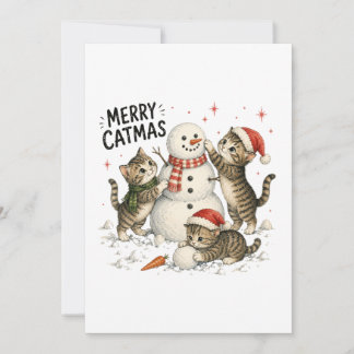 Cartes Pour Fêtes Annuelles Chatons de Noël construisant un bonhomme de neige