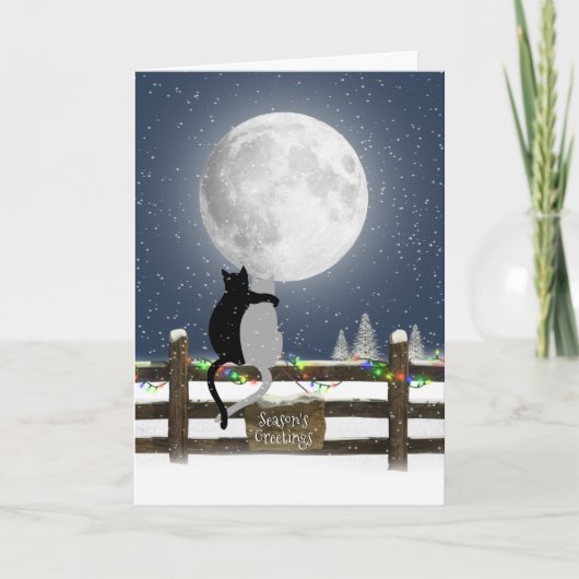 Cartes Pour Fêtes Annuelles Chats de Noël à la clôture avec lune (Devant)