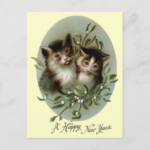 Cartes Pour Fêtes Annuelles Chats et Mistletoe Nouvel An Vintage