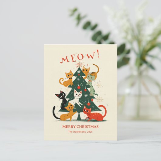Cartes Pour Fêtes Annuelles Chats Meow sur un sapin de Noël (Debout devant)