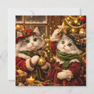 Cartes Pour Fêtes Annuelles Chats mignons décorant l'arbre de Noël avec des or