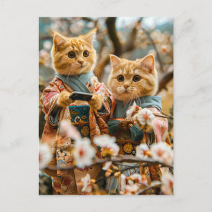 Cartes Pour Fêtes Annuelles Chats sous cerisiers en fleurs au Japon