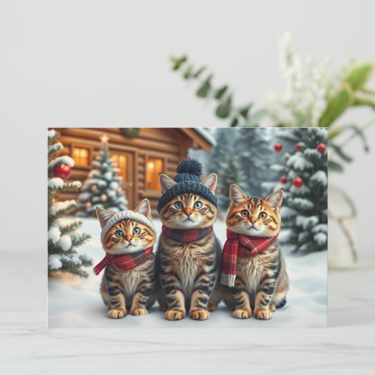 Cartes Pour Fêtes Annuelles Chats tigrés en tenue pré-préparatoire d'hiver et (Debout devant)