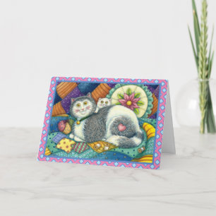 CARTES POUR FÊTES ANNUELLES CHATTE & CHATON, COUVERTURES PATCHWORK, PELOTE À É