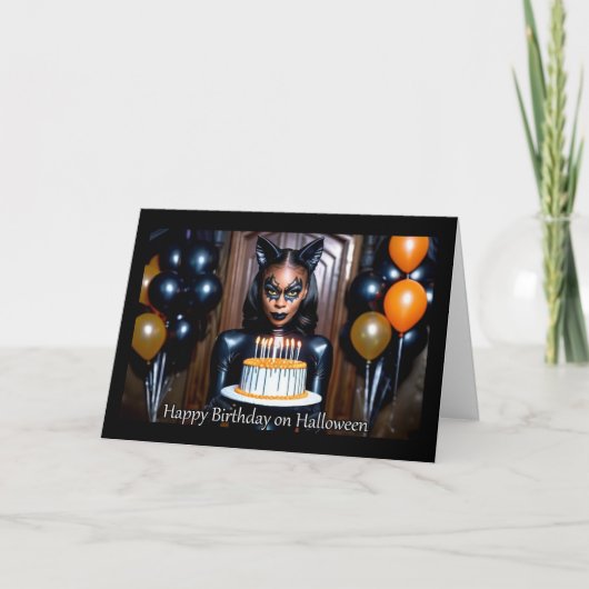Cartes Pour Fêtes Annuelles Chatte en cuir - Anniversaire Halloween (Devant)