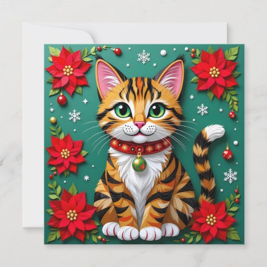 Cartes Pour Fêtes Annuelles Chatte tachetée mignonne avec poinsettias Noël per (Devant)
