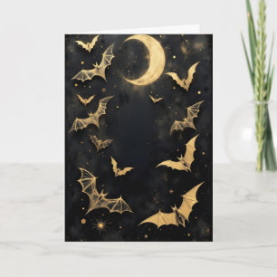 Cartes Pour Fêtes Annuelles Chauves-souris dorées et Halloween de la lune croi