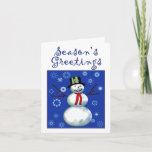 Cartes Pour Fêtes Annuelles cheerful snowman on blue with snowflakes<br><div class="desc">This cheerful little snowman is wishing you lots of snow and a joyful holiday season.</div>