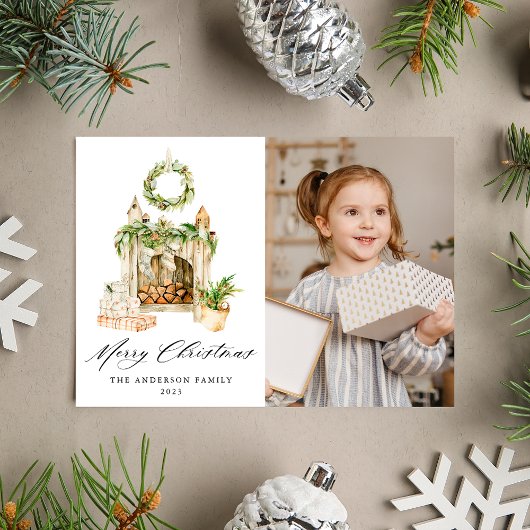 Cartes Pour Fêtes Annuelles Cheminée Boho Aquarelle Avec Végétation Photo