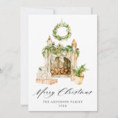 Cartes Pour Fêtes Annuelles Cheminée Boho Aquarelle Avec Verdure Non Photo (Devant)
