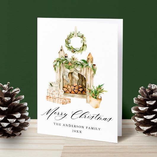 Cartes Pour Fêtes Annuelles Cheminée Boho Aquarelle Avec Verdure Non Photo