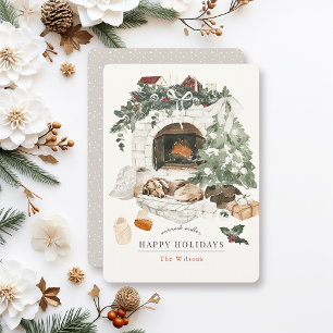 Cartes Pour Fêtes Annuelles Cheminée confortable Arbre de Noël Chien Aquarelle
