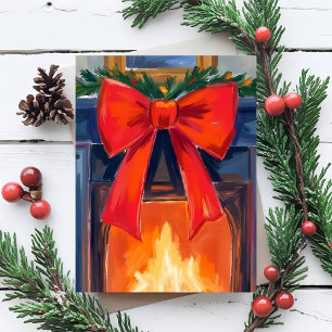 Cartes Pour Fêtes Annuelles Cheminée de Noël   Aquarelle joyeuse au ruban roug