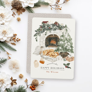 Cartes Pour Fêtes Annuelles Cheminée de Noël Arbre Chat Aquarelle