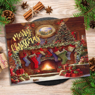 Cartes Pour Fêtes Annuelles Cheminée de Noël vintage avec bas