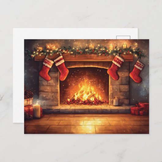 Cartes Pour Fêtes Annuelles Cheminée douillette avec jarretelles (Devant / Derrière)