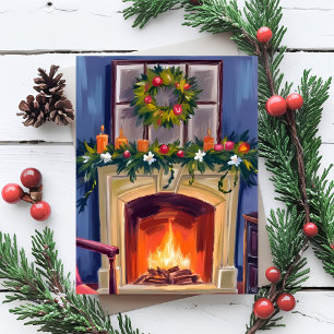 Cartes Pour Fêtes Annuelles Cheminée festive Couronne de Noël Aquarelle