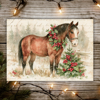 Cartes Pour Fêtes Annuelles Cheval avec couronne de houx et arbre de Noël vint