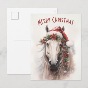 Cartes Pour Fêtes Annuelles Cheval Blanc Santa Chapeau Rouge Poinsettias Noël