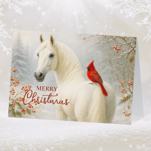 Cartes Pour Fêtes Annuelles Cheval blanc Whimsical et Noël cardinal