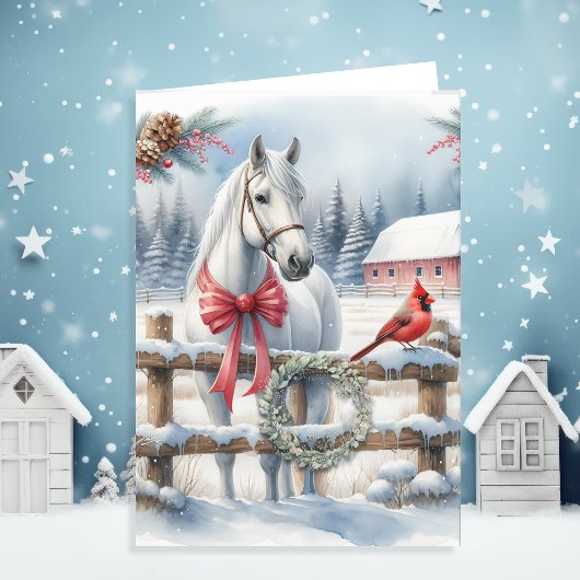 Cartes Pour Fêtes Annuelles Cheval de Noël blanc et cardinal Personnalisé