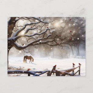 Cartes Pour Fêtes Annuelles Cheval de Noël Cardinaux de neige Scène de pays mi