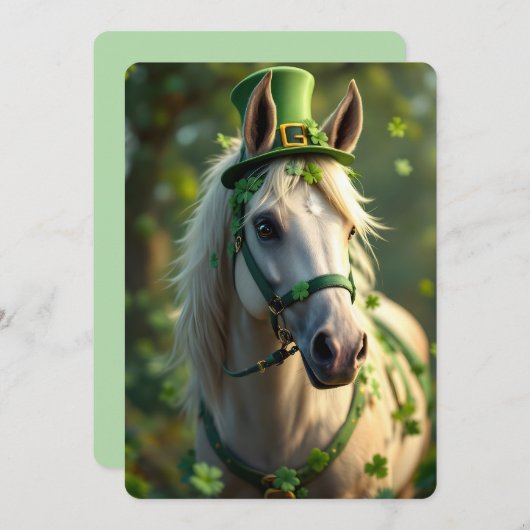 Cartes Pour Fêtes Annuelles Cheval mignon avec casquette vert, brique et shamr (Devant / Derrière)