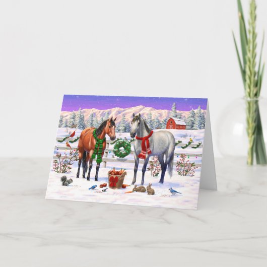 Cartes Pour Fêtes Annuelles Chevaux de Noël en neige (Devant)