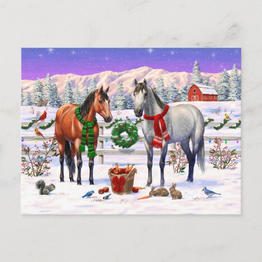 Cartes Pour Fêtes Annuelles Chevaux de Noël en neige (Devant)