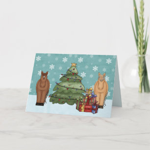 Cartes Pour Fêtes Annuelles Chevaux mignons avec arbre de Noël et cadeaux