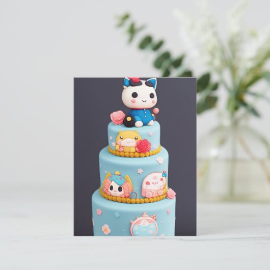 Cartes Pour Fêtes Annuelles Chibi mignon chatte chat bleu jaune gâteau d'anniv (Debout devant)