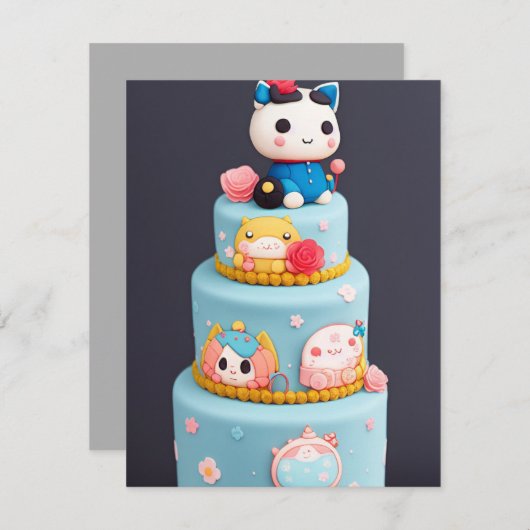 Cartes Pour Fêtes Annuelles Chibi mignon chatte chat bleu jaune gâteau d'anniv (Devant / Derrière)
