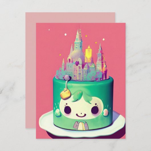 Cartes Pour Fêtes Annuelles Chibi mignon gâteau d'anniversaire château vert (Devant / Derrière)