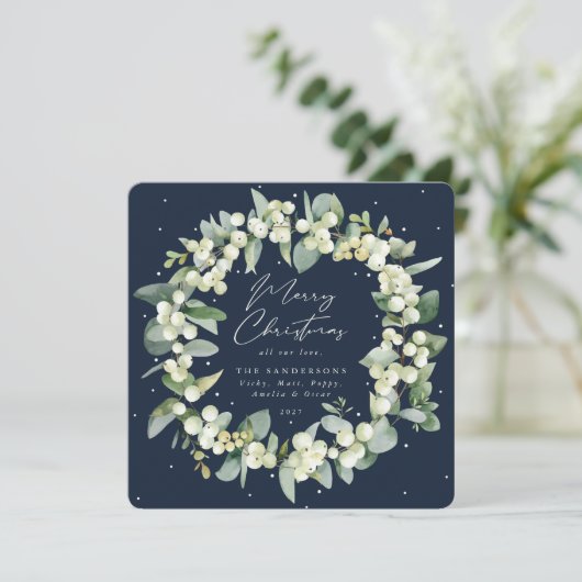 Cartes Pour Fêtes Annuelles Chic Carré Snowberry+Eucalyptus couronne de Noël (Debout devant)