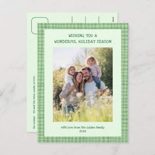 Cartes Pour Fêtes Annuelles Chic Gingham Vert Noël Personnalisé 3 Photo (Devant / Derrière)