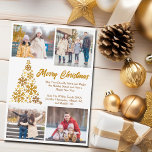 Cartes Pour Fêtes Annuelles Chic Gold Christmas Tree Family Photo Collage<br><div class="desc">Une carte de Noël en or chic avec votre photo collage de famille autour d'un bel arbre en flocons de neige dorés avec Joyeux Noël et votre message personnel. Personnalisez avec vos 5 photos préférées pour enfants et une photo verticale complète au dos de cette carte de vacances branchée aux...</div>