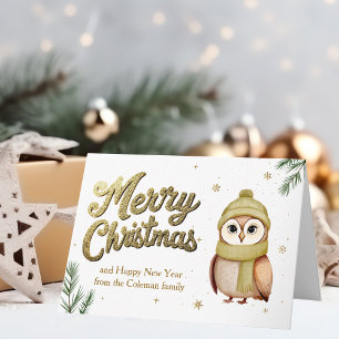 Cartes Pour Fêtes Annuelles Chic Gold Joyeux Chouette de Noël Bois